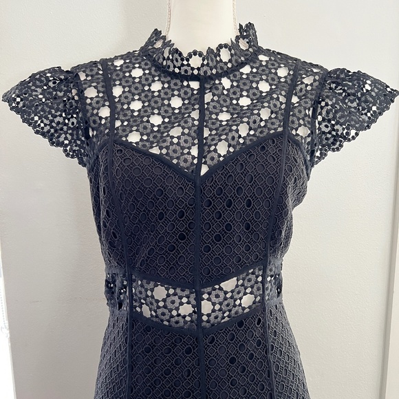 SANDRO Black Guipure Lace Evening Midi Dress Size 6 Cocktail Party - Picture 1 of 11